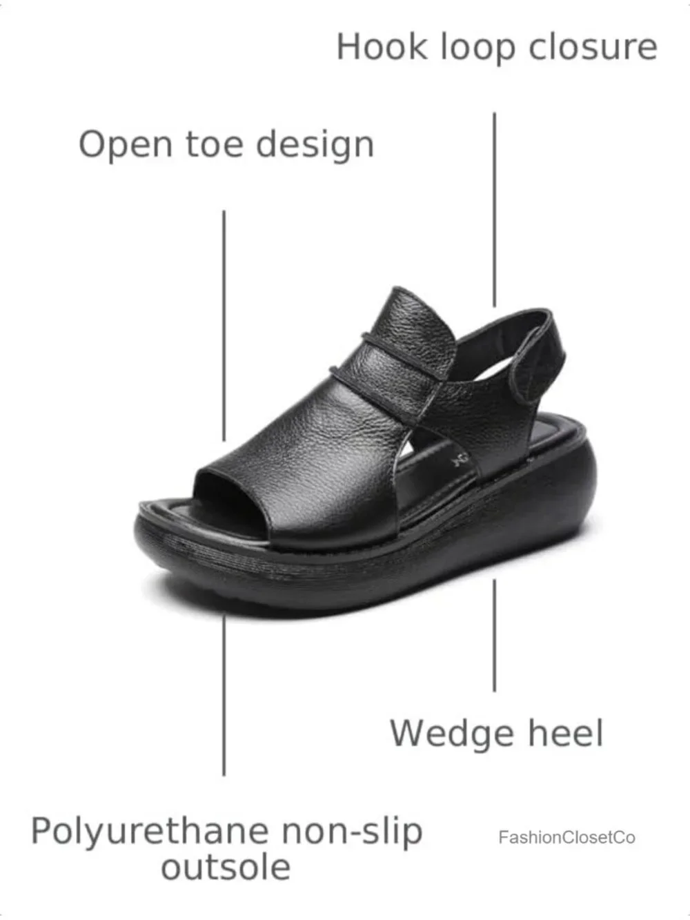 Women's Hook Loop Slingback Wedge Platform Sandals, Cowhide Leather Casual Peep
